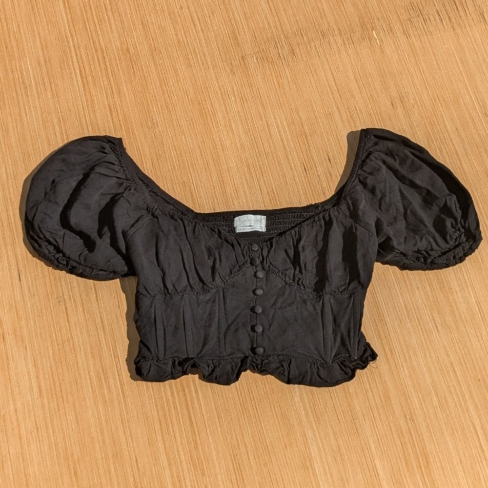 Urban Outfitters Blouse Black Puff Sleeve Smocked Cropped Whimsygoth Women Small